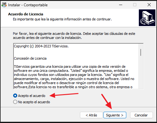 Instalación ContaPortable - Acuerdo de instalación